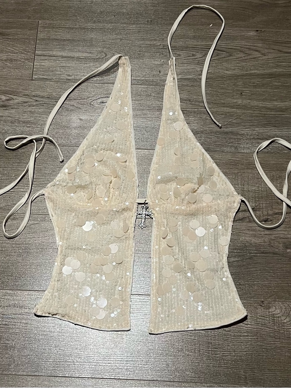 Romwe Halter Sequin Cross Pendant Top Cream